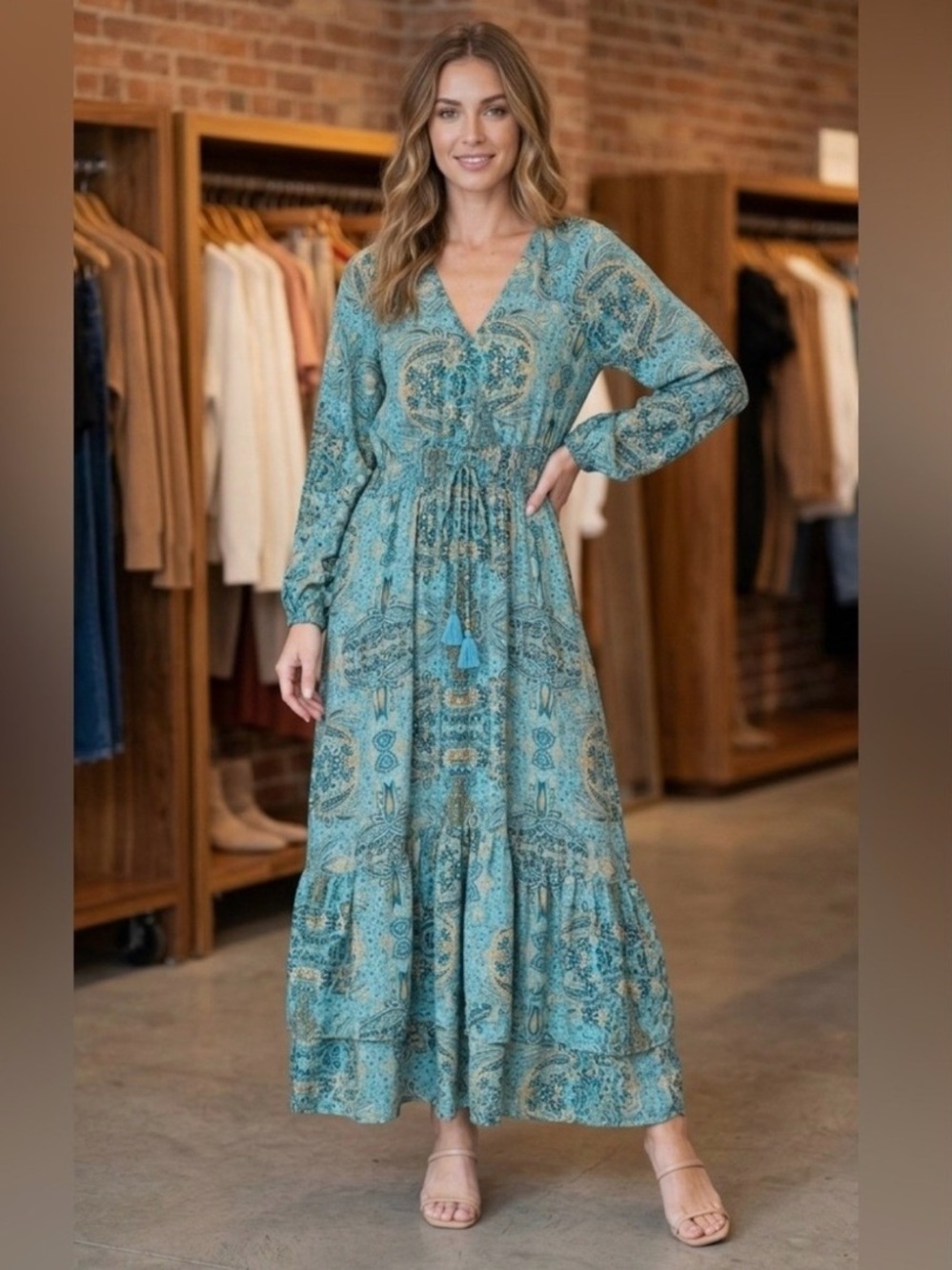 Anthropologie Boemo Teal Paisley Long Sleeve Tiered Maxi Dress - Size LP